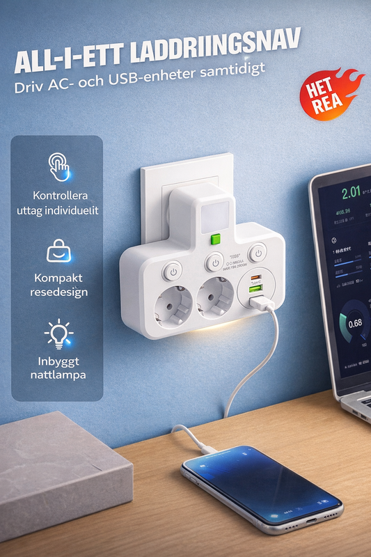 Sveora™ Allt-i-ett Grenuttag med USB & Nattlampa 1+1 Gratis